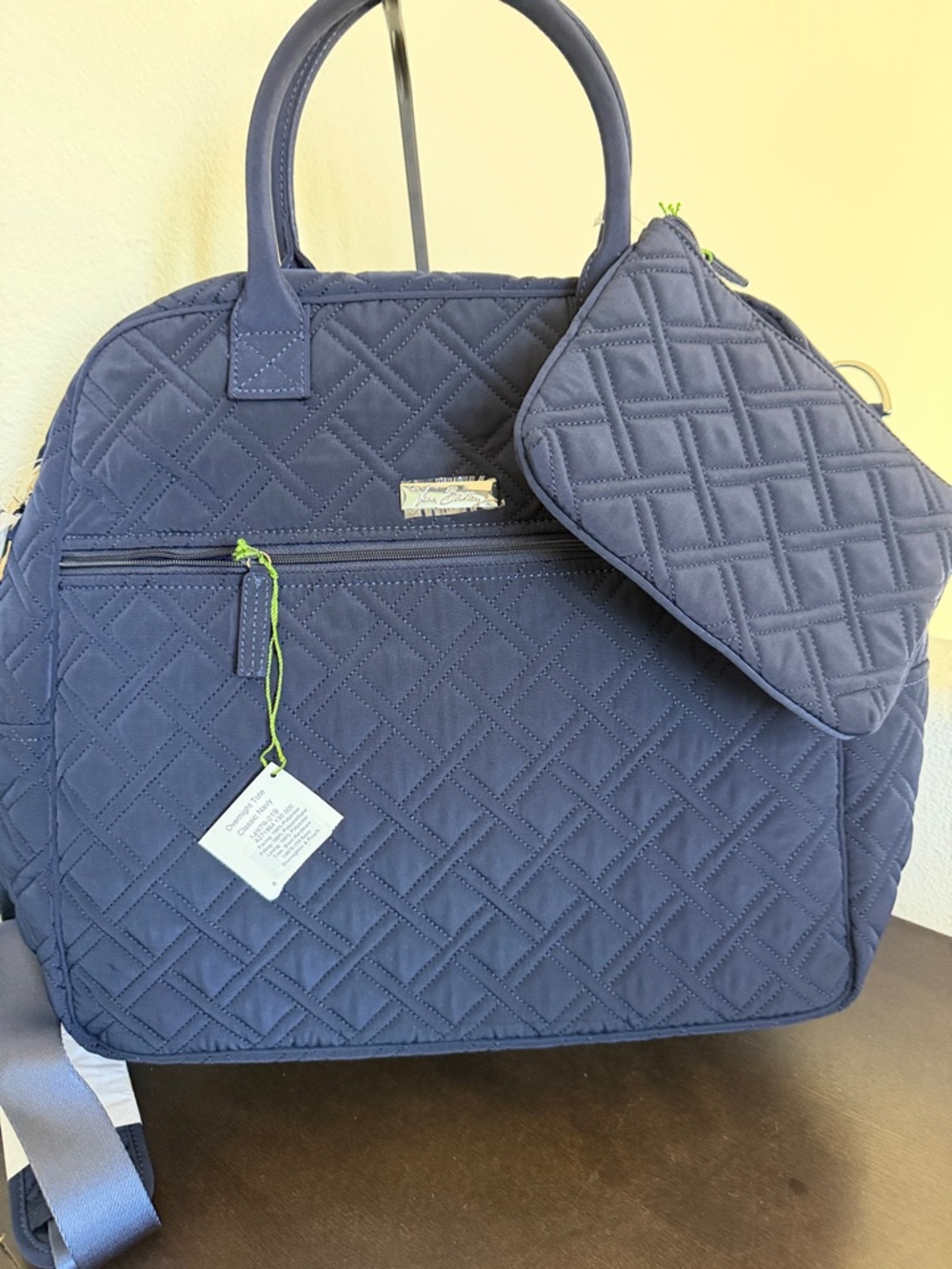 Vera Bradley Quilted Navy Blue Travel Bag with Pouch and Strap.
